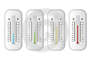 Vector realistic 3d celsius and fahrenheit meteorology, weather thermometer icon set closeup isolated on white