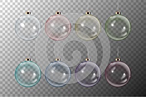 Vector Realistic 3d Christmas Transparent Glossy Glass Ball Icon, Mock-up Set Closeup Isolated. Design Template of Xmas