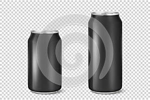 Vector realistic 3d empty glossy metal black aluminium beer pack or can visual 330ml 500ml. Can be used for lager