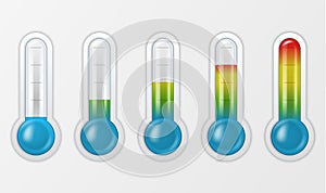 Vector realistic 3d glass meteorology, weather thermometer scale sign icon set closeup isolated on white background