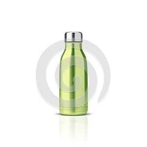 Vector Realistic 3d Green Blank Glossy Metal Reusable Water Bottle with Silver Bung Closeup Isolated on White Background