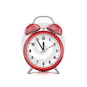 Vector realistic 3d illustration of red alarm clock, isolated on white background. Five minutes to twelve o`clock