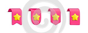 Vector Realistic 3d Pink Bookmarks set with star. Favorite icon design element, cute ribbons e-book sticker with shadow