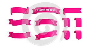 Vector Realistic 3d Ribbons and tags set. Cartoon 3d pink ribbons collection on white background. Trendy design element