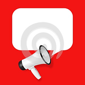 Vector Realistic 3d Simple White Megaphone with Speech Buble on Red Background. Design Template, Banner, Web. Speaker