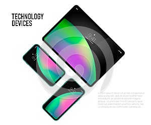 Vector realistic 3d tablet and smartphone top view isolated on white background. colored start screen on devices. device