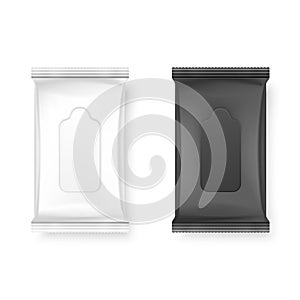 Vector Realistic 3d White and Black Wet Wipes Package Icon Set Closeup Isolated on White Background. Design Template of