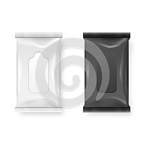 Vector Realistic 3d White and Black Wet Wipes Package Icon Set Closeup Isolated on White Background. Design Template of
