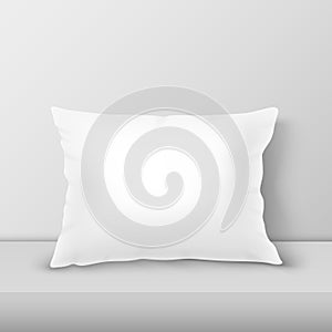 Vector Realistic 3d White Pillow Closeup on Table, Shelf Closeup on White Wall Background, Mock-up. Empty Rectangular