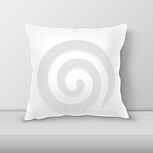 Vector Realistic 3d White Pillow Closeup on Table, Shelf Closeup on White Wall Background, Mock-up. Empty Square Pillow