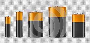 Vector realistic alkaline batteriy icon set. Diffrent size - AAA, AA, C, D, PP3. Design template for branding, mockup photo