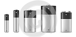 Vector realistic alkaline batteriy icon set. Diffrent size - AAA, AA, C, D, PP3. photo
