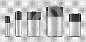 Vector realistic alkaline batteriy icon set. Diffrent size - AAA, AA, C, D, PP3. Design template for branding, mockup