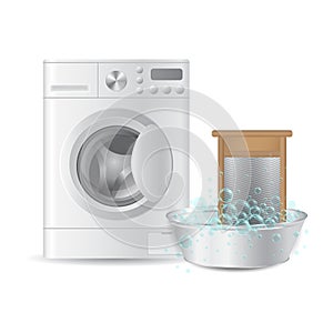 Vector realistic automatic washing machine and ribbed hand washboard in metal basin