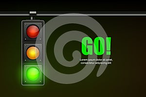 Vector Realistic Banner with Hanging Traffic Light with Glowing Green Permissive Signal Isolated on Black Background