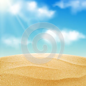 Vector realistic beach landscape. Yellow sand desert and blue sky with clouds. Summer vacation background