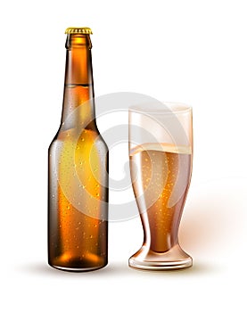 Vector realistic beer bottle, glass mockup 3d