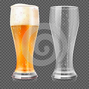 Vector realistic beer glasses, empty mug and full lager glass photo