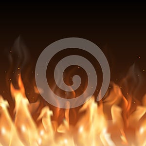 Vector realistic big fire border on dark background with space f