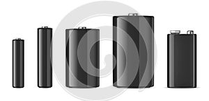 Vector realistic black alkaline batteriy icon set. Diffrent size - AAA, AA, C, D, PP3. photo