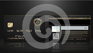 Vector realistic black credit card with abstract geometric background. Golden element credit card dark design template