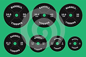 Vector realistic black Weight plates in pounds and kilograms.