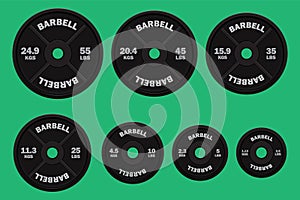 Vector realistic black Weight plates in pounds and kilograms. photo