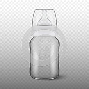 Vector realistic blank baby bottle icon with cap closeup isolated on transparency grid background. Sterile empty milk