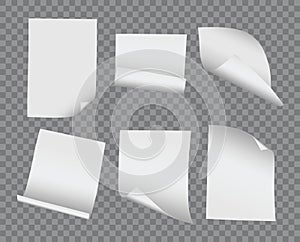 Vector realistic blank bent and curled paper collection on trans