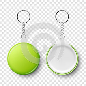 Vector Realistic Blank Green Round Keychain with Ring and Chain for Key Isolated. Button Badge with Rin, Plastic or