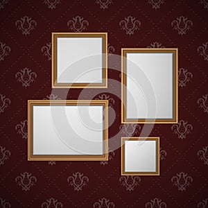 Vector realistic blank picture frames hanging on wall with dark red vintage pattern