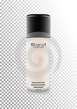 Vector realistic bottle with brand name for cosmetic products,cream, foundation.Transparent matt bottle with a black lid