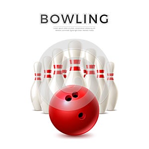 Vector realistic bowling ball and skittle pins photo