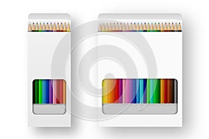 Vector realistic box of colored pencils icon set closeup on white background. Design template, clipart or