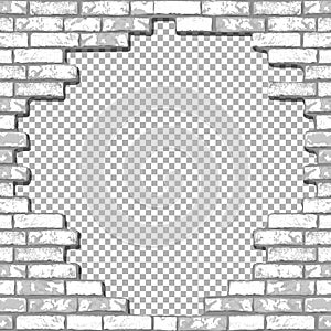 Vector realistic broken brick wall on transparent background. Hole in flat wall texture. White textured brickwork with