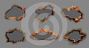 Vector realistic burning holes in paper. Fire flames and torn edges paper on transparent background