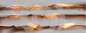 Vector realistic burning paper page edge and hole with fire. Parchment burnt effect with flame
