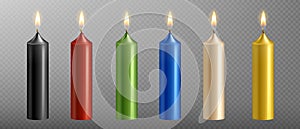 Vector realistic candle set with fire isolated on transparent background. Diferent color candles collection with flame for