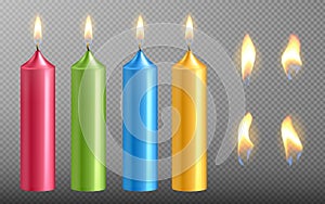 Vector realistic candle set with fire isolated on transparent background. Diferent color candles collection with flame for