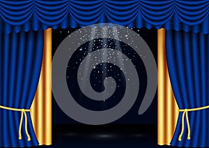 Vector realistic classic blue and gold stage curtains with spotlights