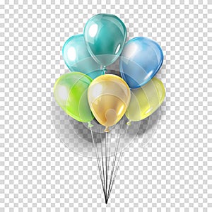 Realistic collection of balloons on transparent background. Party decoration for festival, birthday, anniversary, baby shower or