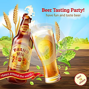 Vector realistic colorful background with brown bottle of beer, promotion banner with glass of frothy alcoholic drink.