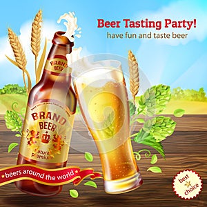 Vector realistic colorful background with brown bottle of beer, promotion banner with glass of frothy alcoholic drink. photo