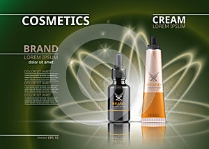 Vector Realistic Cosmetics package. Hydrating Under Eye Gel tube and face serum. Beauty products with logo label design