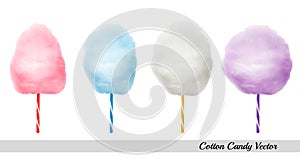 Vector realistic cotton candies on colourful confectionery candyfloss sticks.