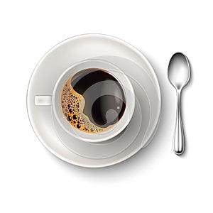 Vector realistic cup coffee saucer spoon top view