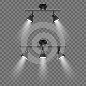 Vector Realistic 3d Black Spotlights Set in Different Slopes Closeup Isolated on Transparent Background. Design Template