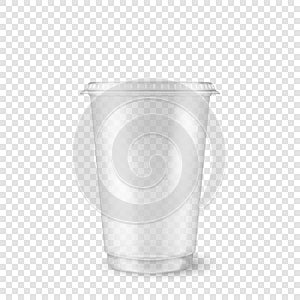 Vector realistic 3d empty clear plastic disposable cup closeup isolated on transparency grid background. Design template