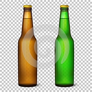 Vector realistic 3d empty glossy brown and green beer bottle with cap icon set closeup isolated on transparency grid