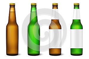 Vector realistic 3d empty glossy brown and green beer bottle with cap icon set closeup isolated on white background